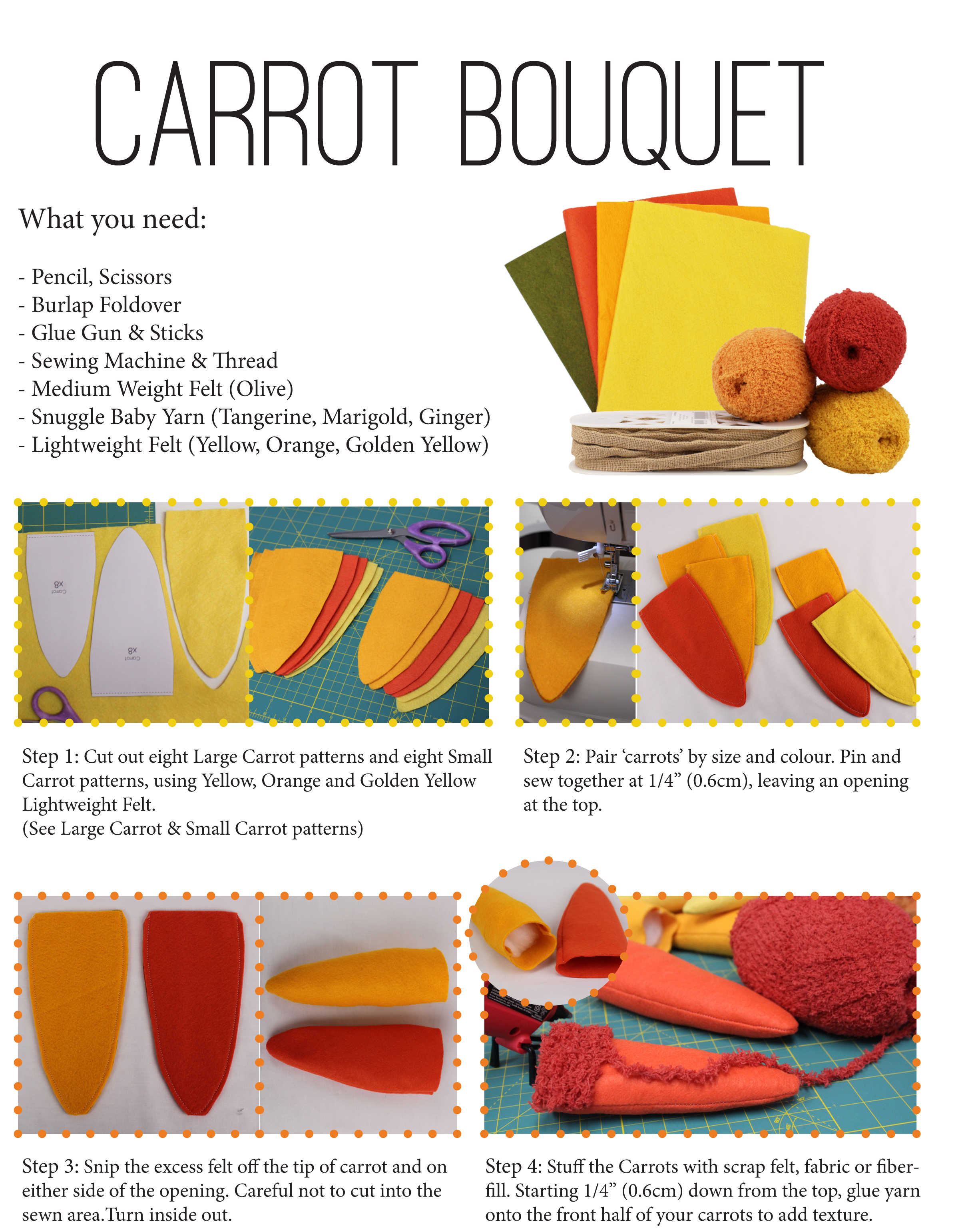 First set of steps to creating your own carrot bouquet for Easter