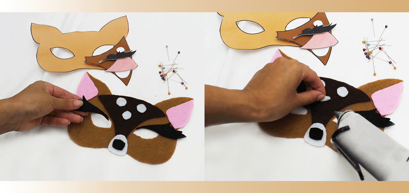 Closeup of glueing felt pieces for mask details on the deer felt mask