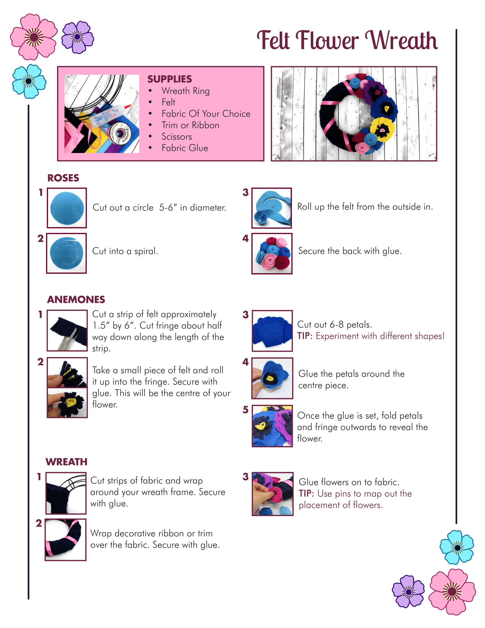 Materials & steps to create your felt flower wreath