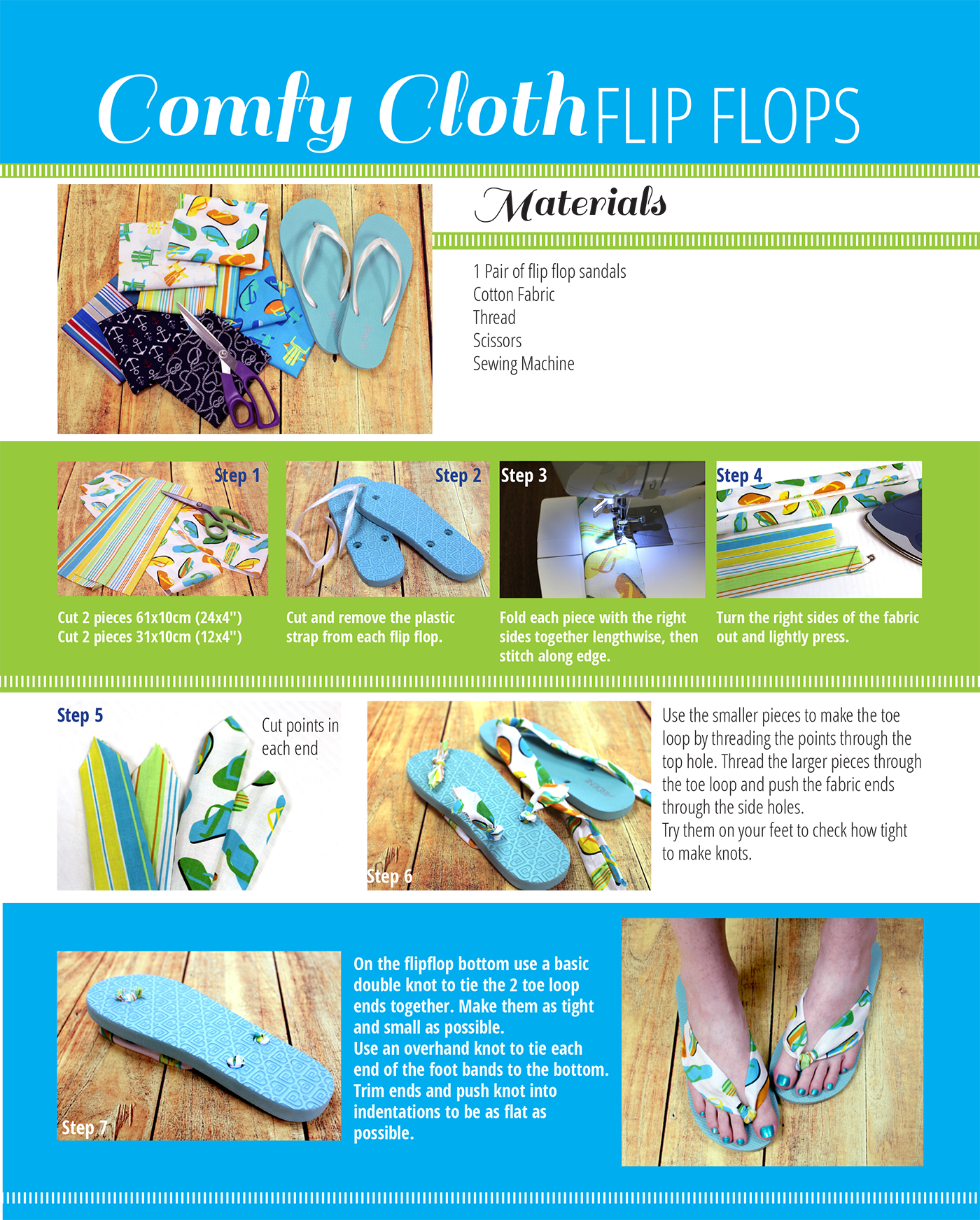 Materials & steps to create comfy cloth flip flops