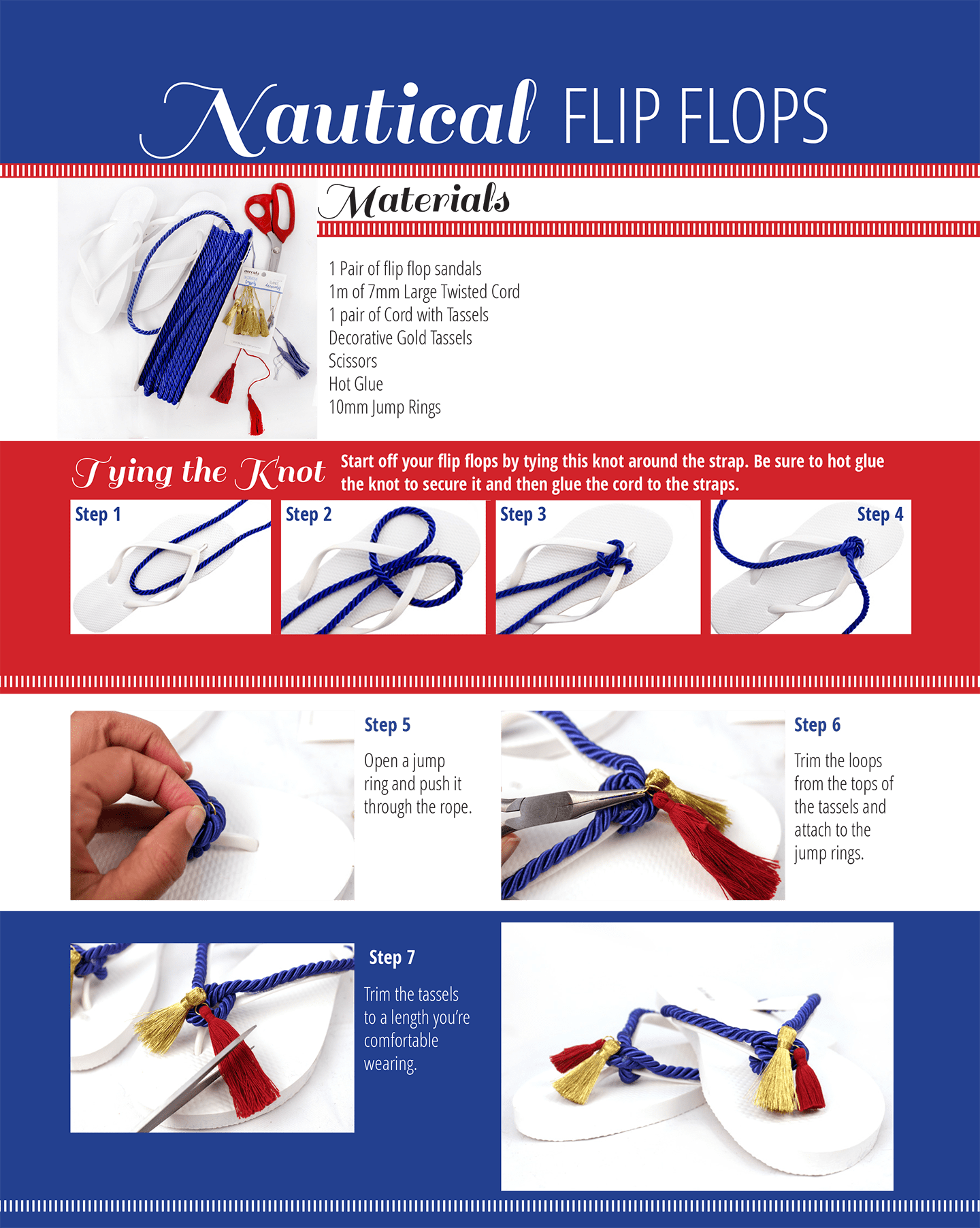 Materials & steps to create nautical flip flops