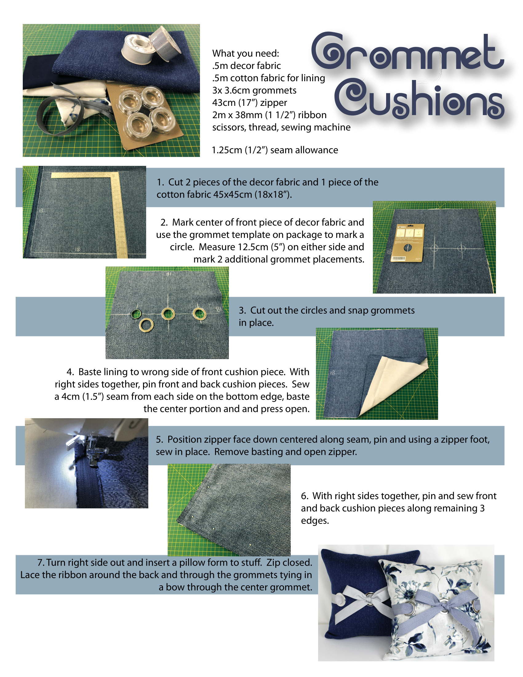 Materials & steps to create your own grommet cushions