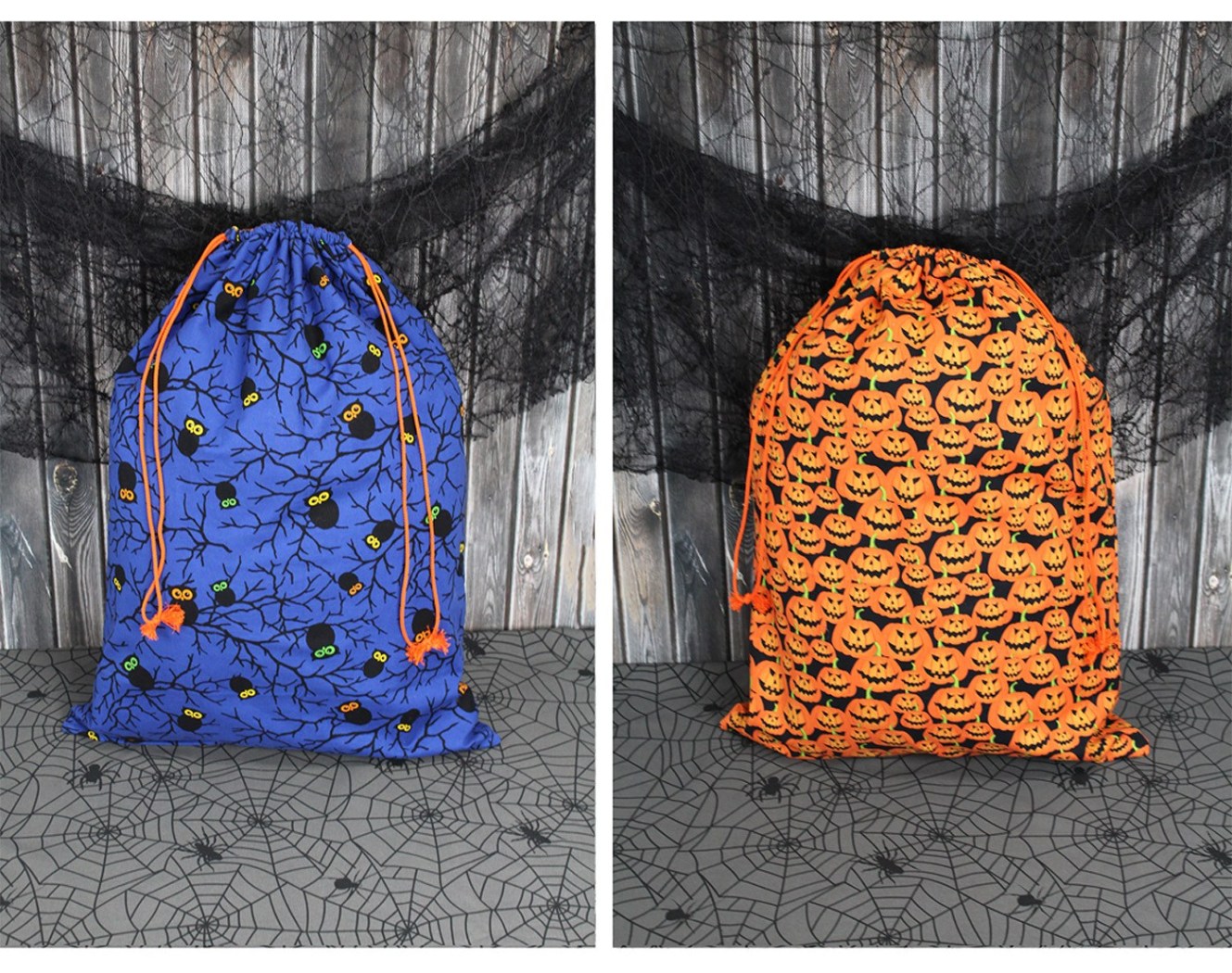 Closeups of a blue Halloween and an orange Halloween bag