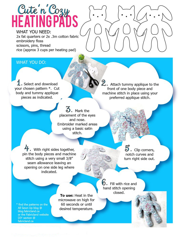 Materials & steps to create cute animal heating pads