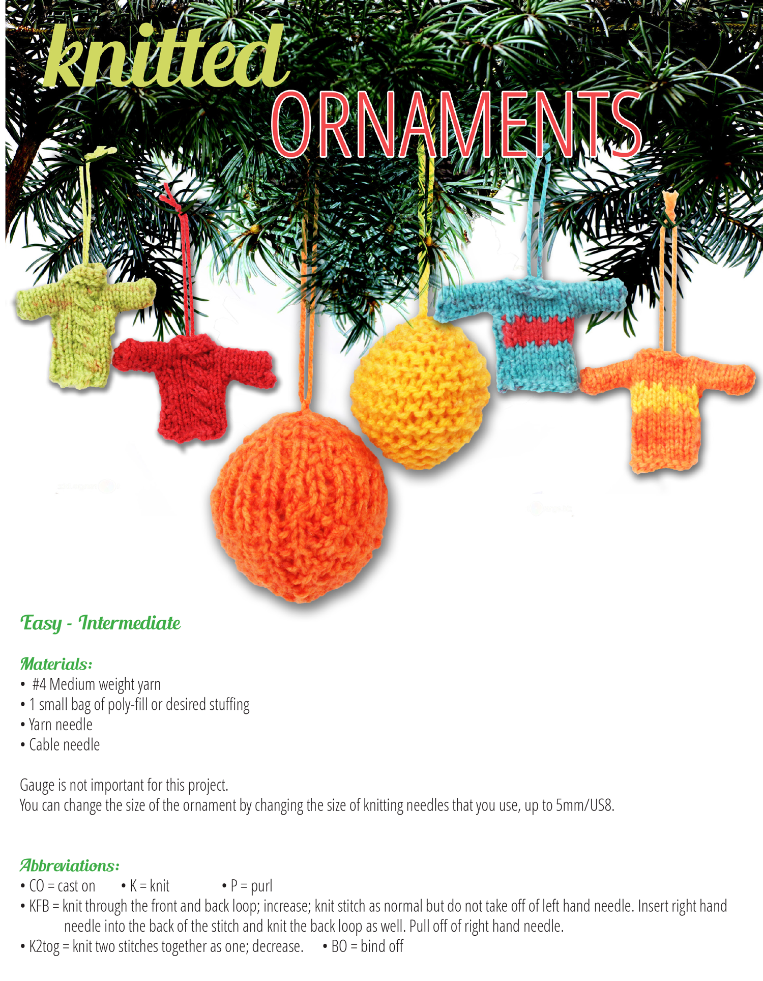 Materials to create knitted ornaments and abbreviations used in the tutorial