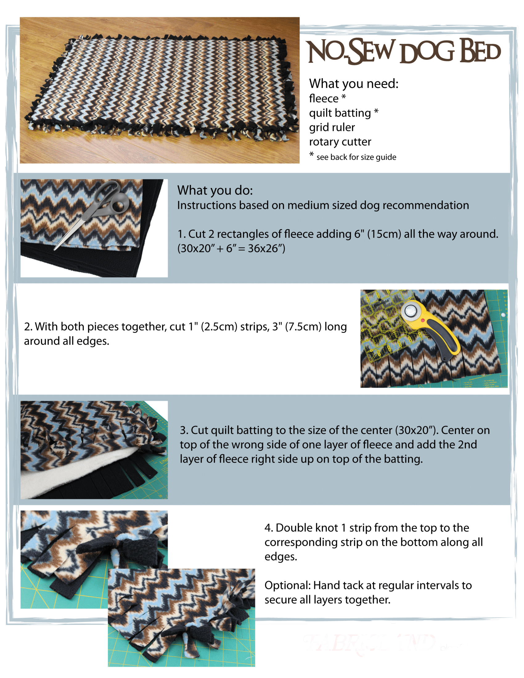 Materials & steps to make a no sew dog bed