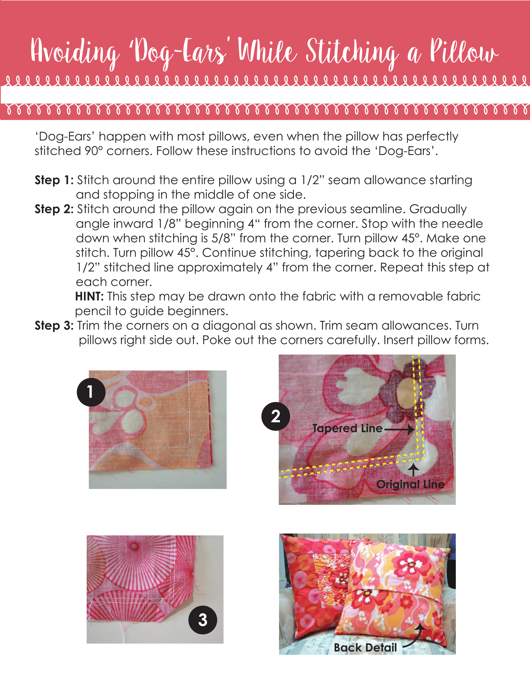 Steps on avoiding dog-ears while stitching a pocket pillow