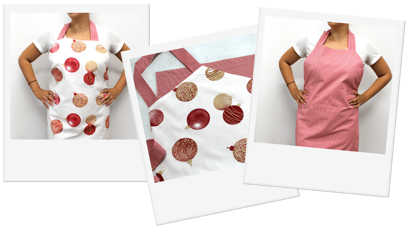 Closeup of the model wearing completed reversible apron