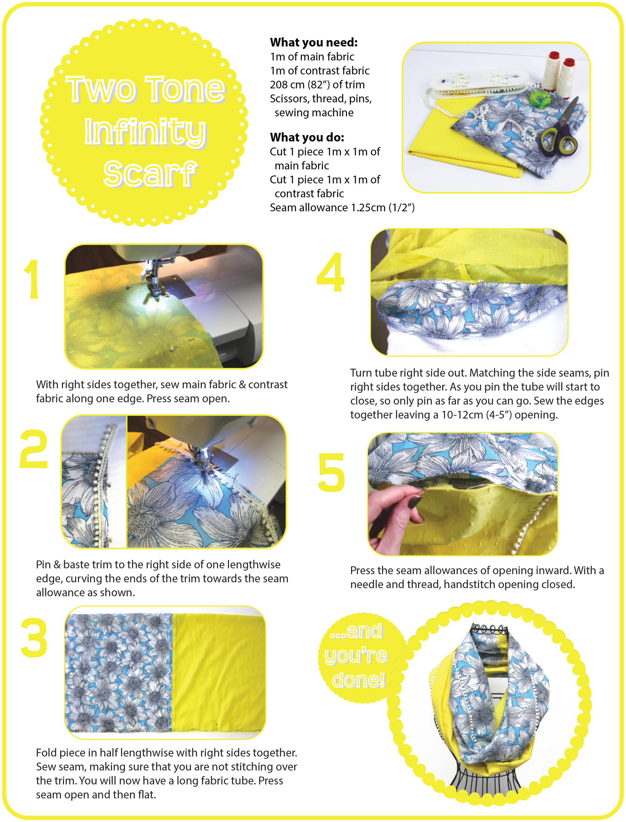 Materials & steps to make a two tone infinity scarf