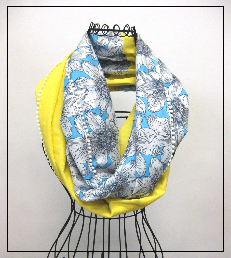 Closeup of a completed blue-white floral infinity scarf